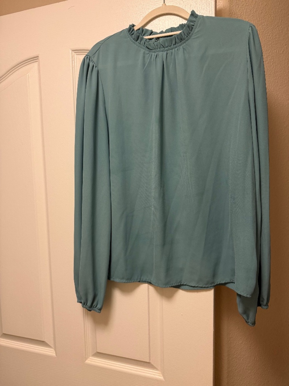 Olive Ruffle Neck Long Sleeve Blouse with Button Accents, Woven Fabric